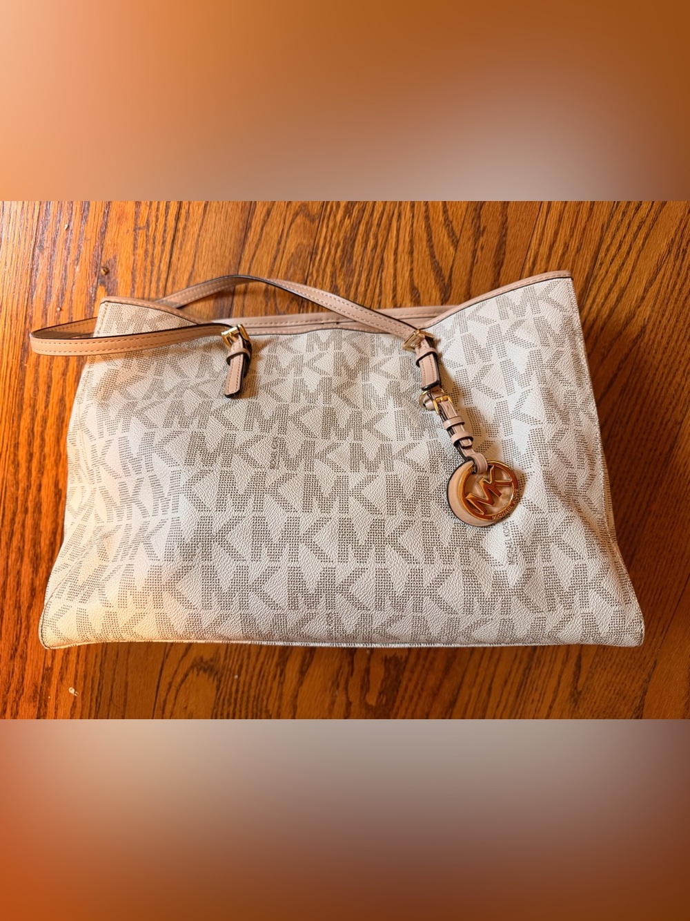 Michael Kors Tan Beige MK Logo Tote with Gold Charm - Picture 2 of 8